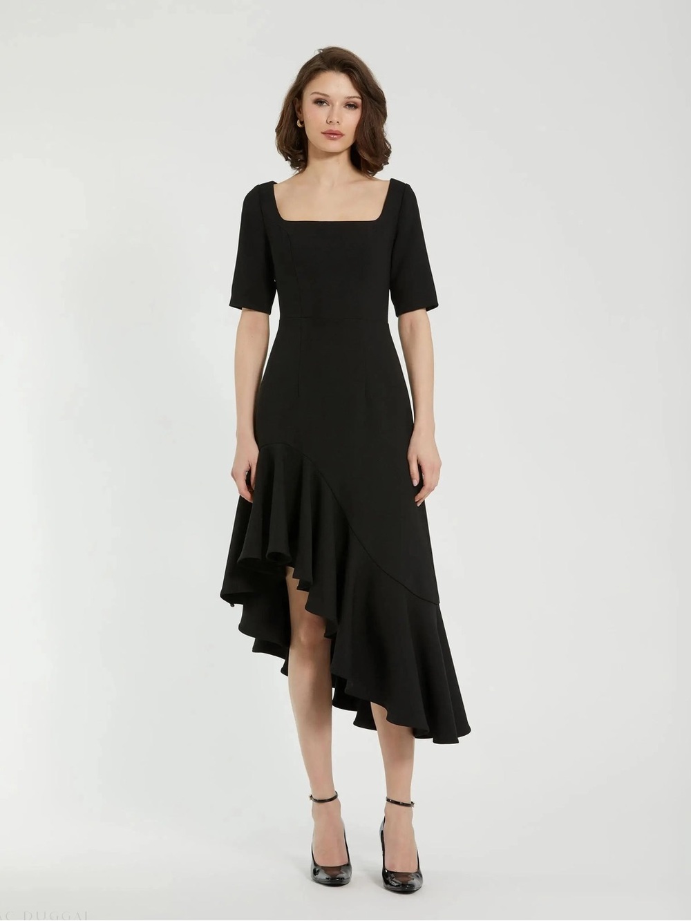 Mac Duggal Black High-Low Ruffle Square Neck Dress